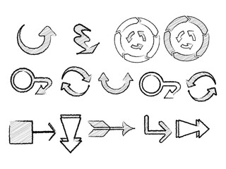 Crayon arrow sketches collection - hand drawn doodle style pointers  curved lines  round swirls Chaotic scribbling artistic design elements set Black grunge brush strokes isolated on white bg