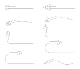 Continuous line art of various arrow shapes. Long straight arrow. Curved arrow. Turning arrow. U-turn arrow. Vector illustration concept of arrows.