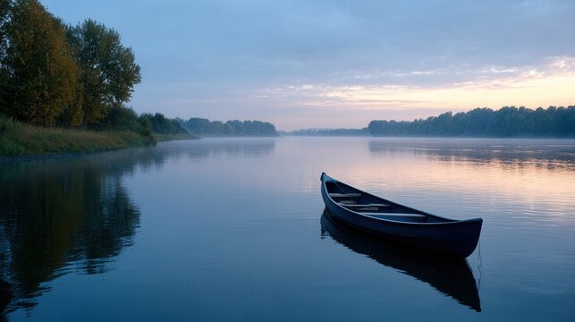 Serene river morning with canoe and autumn trees.