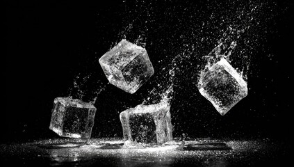 Four translucent ice cubes, suspended mid-air against a black backdrop, splash water droplets in dynamic motion