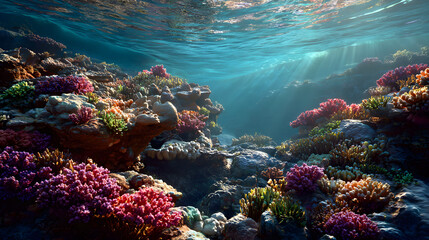 Naklejka premium Dazzling Underwater Wonders: Exploring the Brilliant Ecosystem of Coral Reefs Teeming with Vibrant Colors and Captivating Marine Life