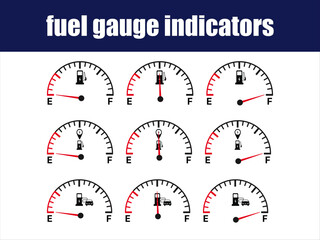 Naklejka premium Collection of nine automotive fuel gauge indicators showing various levels from empty to full
