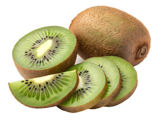 Fototapeta premium Fresh ripe kiwi fruit sliced and whole on black background