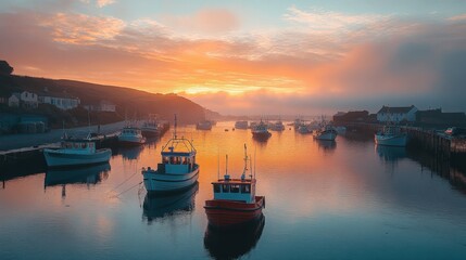 Fototapeta premium Serene sunset over a harbor with fishing boats docked