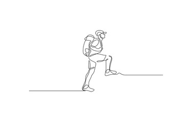 Man climbs the mountains in one continuous line drawing. Traveler with backpack is hiking in simple linear style