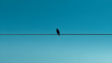 Serene Avian Silhouette: A Bird's Solitude on the Wire Amidst the Expansive Sky
