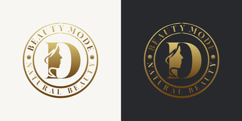 Elegant letter D logo featuring a woman's face silhouette in a gold gradient circular badge design. Ideal for beauty, fashion, skincare, and luxury branding.