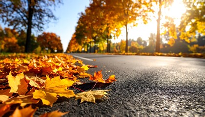 Autumn leaves on asphalt road