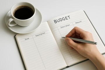 Female investor in real estate. A hand writes in a budget notebook next to a cup of coffee, symbolizing financial planning and productivity.