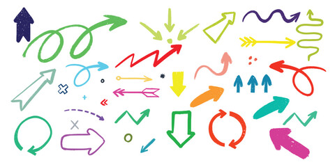 Bold crayon drawn arrows set Collection of thick kid grunge geometric abstract arrows Grunge doodle black different directions. Vector elements with pencil texture, scribble icons