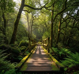 Obraz premium Sunlit Wooden Bridge in a Mossy Forest