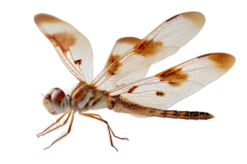 Detailed close-up of a dragonfly, light beige/tan wings with dark brown/tan markings