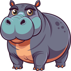 Fototapeta premium Cartoon gray hippopotamus with large snout and green eyes standing on white background animal illustration