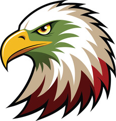 Fototapeta premium Stylized eagle head with green face and yellow beak in profile view bird animal