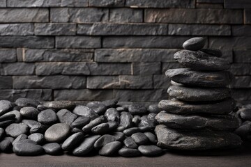 Stacked dark stones against a dark brick wall