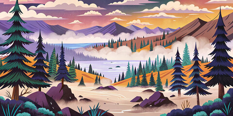 Mountain Landscape Vector &ndash; Nature, Sunset, Illustration, Scenery, Forest, Trees, Adventure, Wild, Minimal, Calm