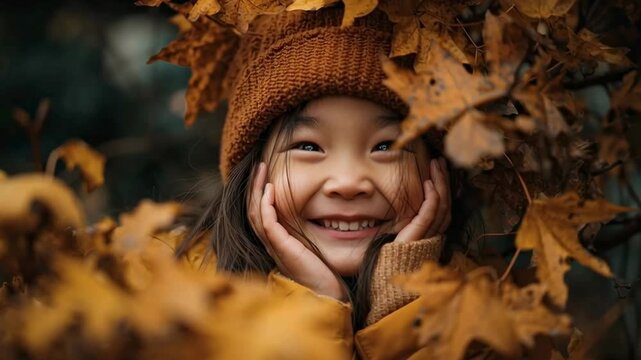 Cute asian girl child smiling while hiding among autumn leaves outdoors  