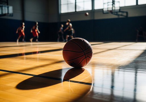 Basketball on a sunlit hardwood court with players training in a gym - Powered by Adobe