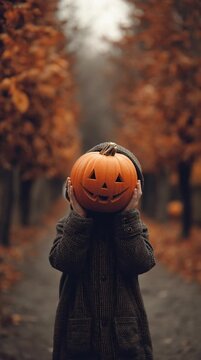 Vertical video of child stands in autumn park and holds pumpkin in front of face for Halloween