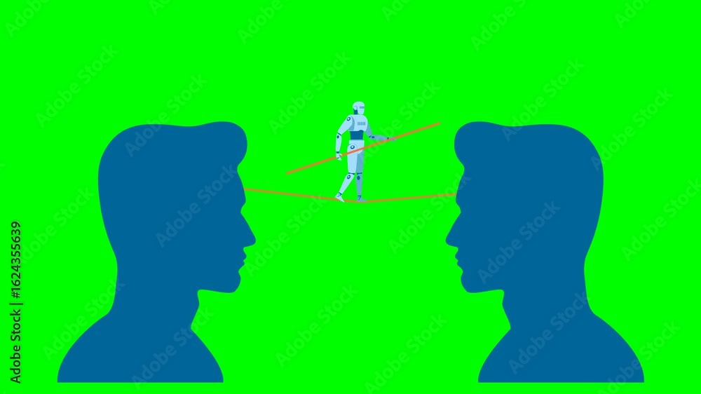 Poster two male silhouettes standing opposite each other, with a robot tightrope walker passing between the