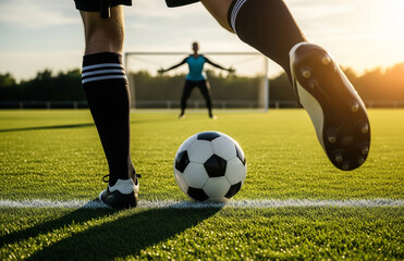 Soccer player taking a penalty kick against the goalkeeper at sunset