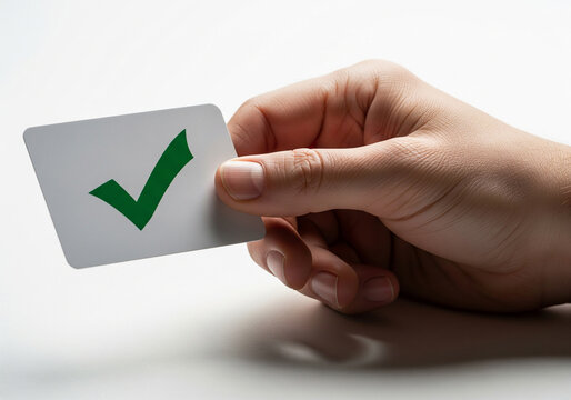 A hand holding a white card with a green checkmark for success and approval