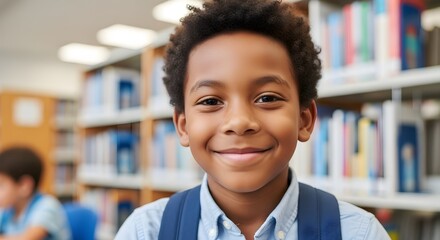 Smiling Schoolboy in Library Portrait of happy African American student with books, education, learning, and academic success. Illustration