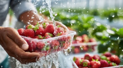 Fresh red berries being washed in a clear container, with water droplets and greenery blurred