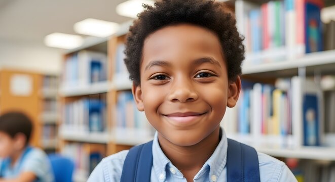 Smiling Schoolboy in Library Portrait of happy African American student with books, education, learning, and academic success. Illustration