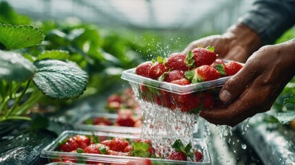 Close-up of hands rinsing fresh strawberries, water cascading onto the red fruit