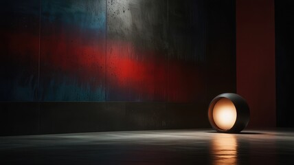 A dimly lit industrial space features a cylindrical lamp casting a warm glow against a textured concrete wall with colored lighting.