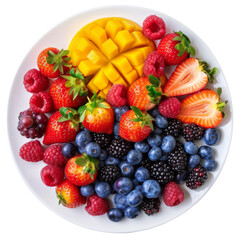 Colorful fruit platter on a white plate.  Fresh mango, strawberries, raspberries, blueberries, and blackberries arranged artfully
