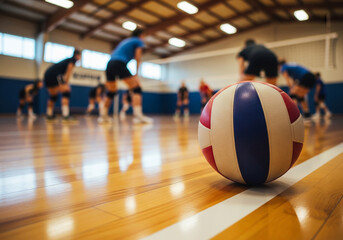 Volleyball resting on the wooden court floor before a team training game