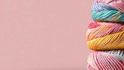 Three colorful yarn balls stacked against a pale pink background, showcasing vibrant pastel hues and gradient patterns