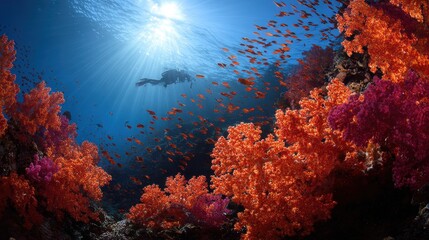 Coral reef scene with fish school and diver silhouette in sunbeams, perfect for underwater photography or ocean conservation campaigns.