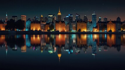 City skyline at night reflecting in water, with illuminated buildings creating a vibrant and serene urban scene.