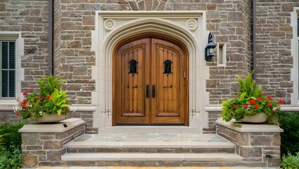 Elegant arched wooden double doors set in a stone facade entrance with potted plants.