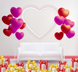 Romantic love celebration with red and pink heart-shaped balloons, colorful ribbon-tied gift boxes, and a white two-seater sofa in a pristine room for Valentine's Day or special occasions