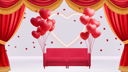 Elegant romantic scene velvet red sofa plump heart balloons shimmering rose petals glowing neon fram