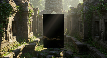Digital Screen in Ancient Overgrown Temple Ruins