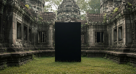 Digital Screen in Ancient Overgrown Temple Ruins