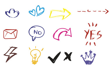 Bold crayon drawn arrows set Collection of thick kid grunge geometric abstract arrows Grunge doodle black different directions. Vector elements with pencil texture, scribble icons