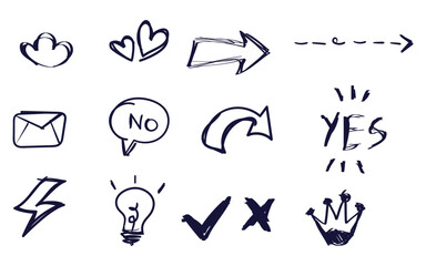 Bold crayon drawn arrows set Collection of thick kid grunge geometric abstract arrows Grunge doodle black different directions. Vector elements with pencil texture, scribble icons