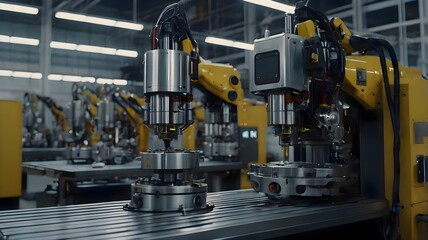 Automated machine working on another mechanical unit in a factory, showing technical precision, complex interaction, and mechanical assembly process