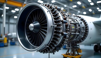 Close-up of a jet engine in a factory environment, capturing the complex mechanical design and industrial precision of aerospace components