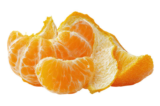 Close-up of peeled tangerine segments.  Bright orange segments of citrus fruit, peeled and slightly overlapping.  The white pith is visible between the segments
