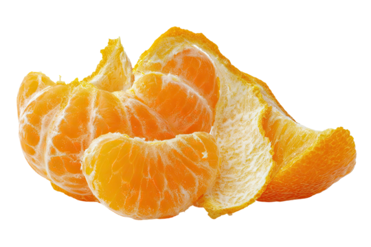 Close-up of peeled tangerine segments.  Bright orange segments of citrus fruit, peeled and slightly overlapping.  The white pith is visible between the segments