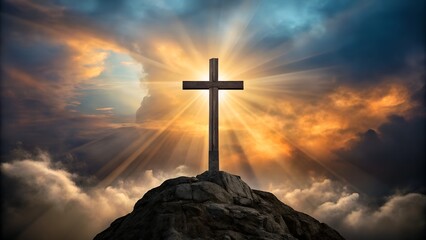Cross on a mountaintop with radiant heavenly light