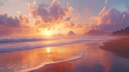 Serene sunset over a tranquil beach with waves