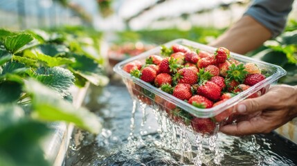 Person washing a container of freshly picked red strawberries with water in a greenhouse